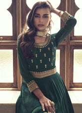 Premium Silk with Heavy Embroidered Gown in Green